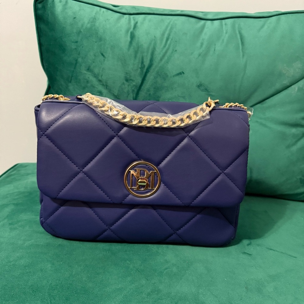 Badgley Mischka Blue Quilted Shoulder Bag with Gold Chain